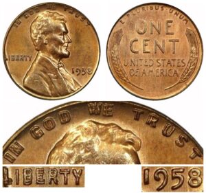 The 1958-P DDO Wheat cent has extreme doubling through the "In God We Trust" and "Liberty" located on the Obverse. The year 1958 exhibits very slight doubling only visible under magnification. While not as extreme as the 1955 DDO, this coin is still notable.