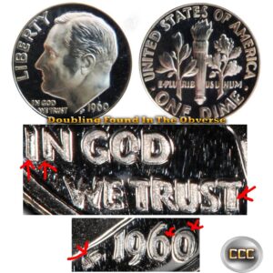 A 1960-P Roosevelt Dime with a Doubled Die Obverse, or DDO mint error. Doubling can be seen across the In God We Trust, the year, and the designer mark.