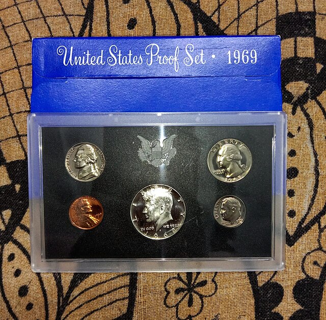 The 1969 United States Proof Set is not a particularly notable set of coins, save the half dollar being made up of 40% silver, but it is still valuable to collectors because generally the older the proof set, the higher the value.