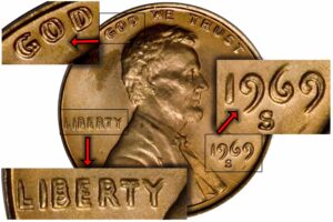 The 1969-S Proof Lincoln Cent has a DDO, or Double Die Obverse error variety. Extreme doubling can be seen in "LIBERTY" and "GOD," while slight doubling can be seen in the year "1969." This image example can serve as a guide and the error can be seen with the naked eye.