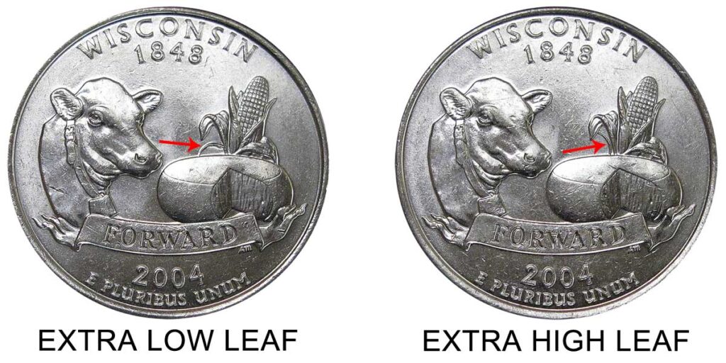 A Die gouge while minting the 2004-P Wisconsin State Washington Quarters caused a variety error known as the extra leaf. There are two sub-varieties called the low-leaf and high-leaf. This image serves as a visual guide.