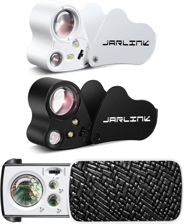 Jarlink offers a 3 pack of their flagship Jewelers Loupes, offering 30x 60x and 90x magnification and also includes both a UV and LED light to improve visibility and detail.