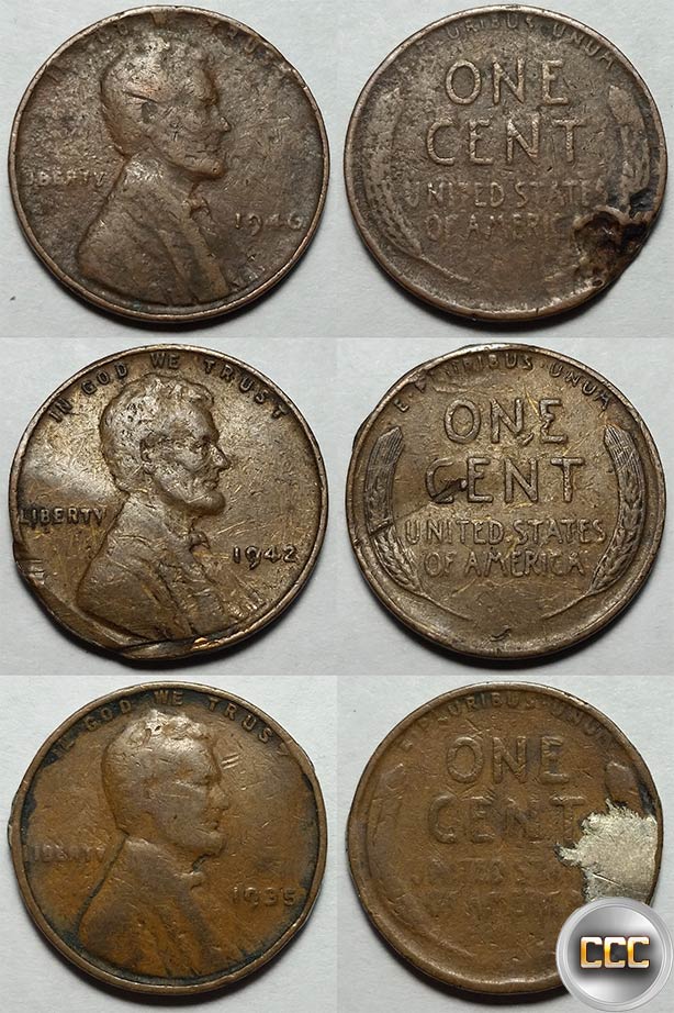 3 examples of Wheat Cents that would receive a low grade, one of which may end up rejected due to the post mint damage on its reverse side. A difference in grade can mean hundreds or even thousands of dollars in value.