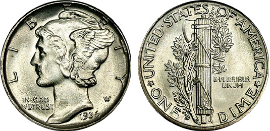 A relatively common coin you may find while searching through bank rolls of Dimes is the Mercury Dime, pictured here.